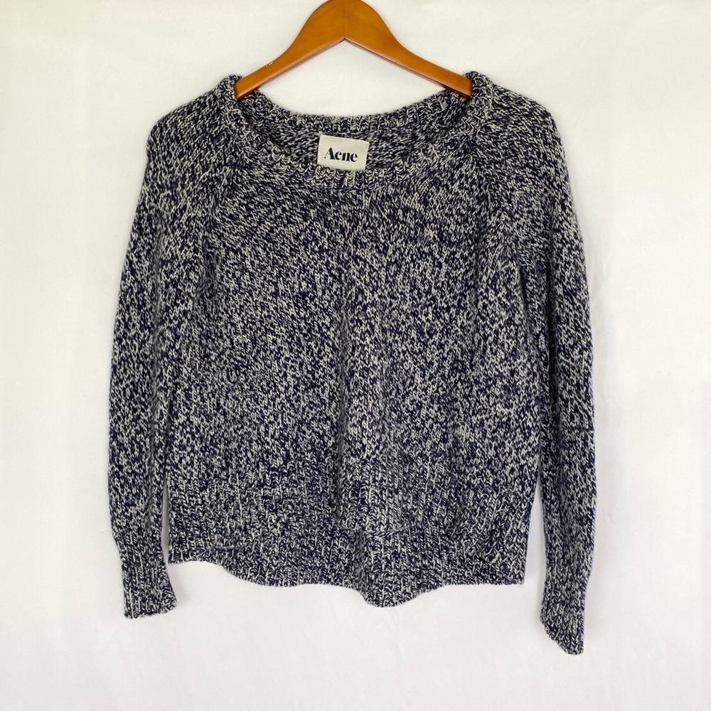 ACNE Ruth Twisted Sweater Knit Raglan Crewneck Contrast‎ Stitch Blue Size Xs